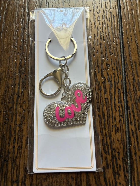 Accessories - Rhinestone Heart Keychain with Pink "Love" Script